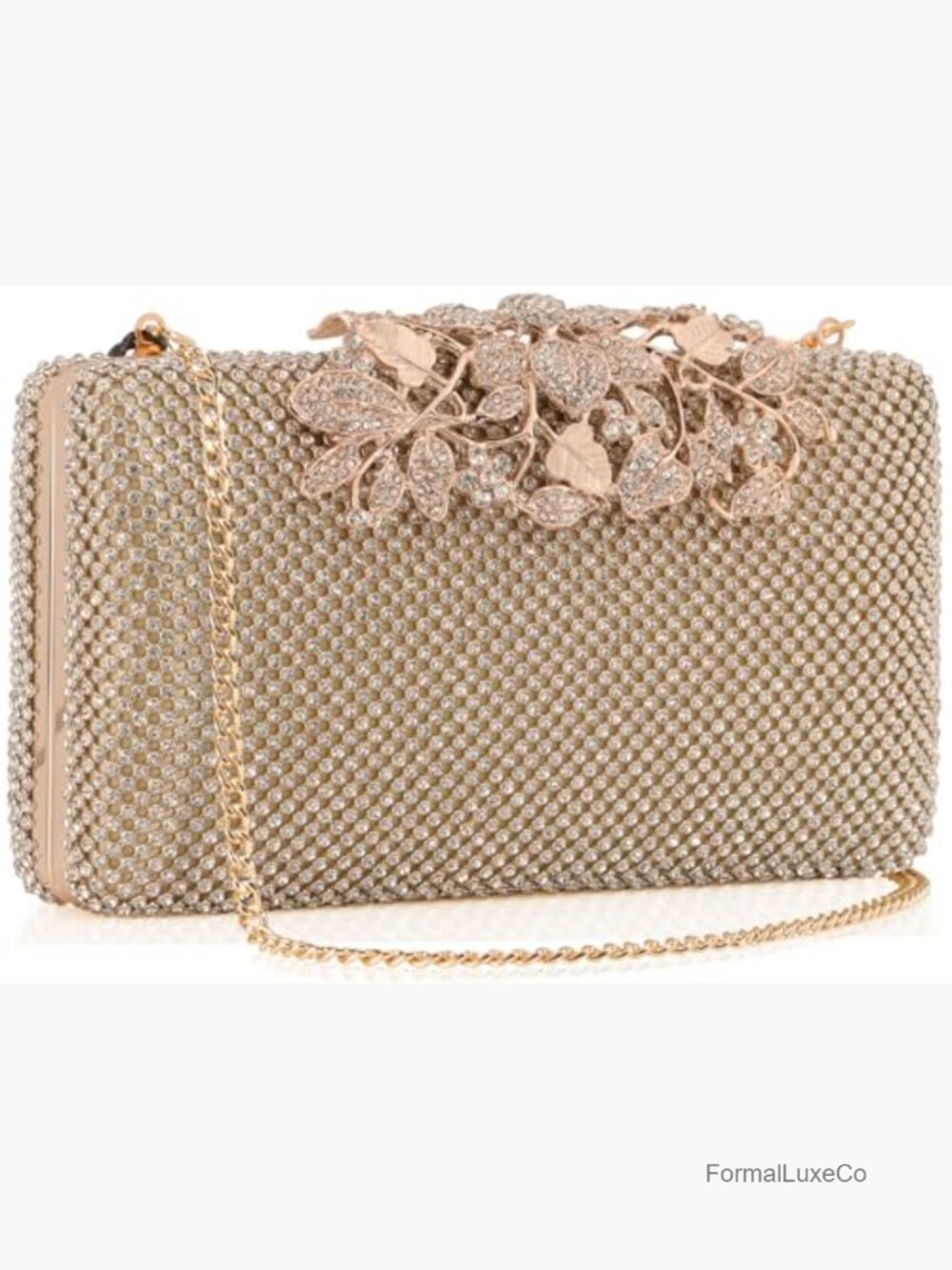Evening Clutch Bag with Rhinestone Flower Clasp, Crystal Purse for Wedding - Picture 5 of 7